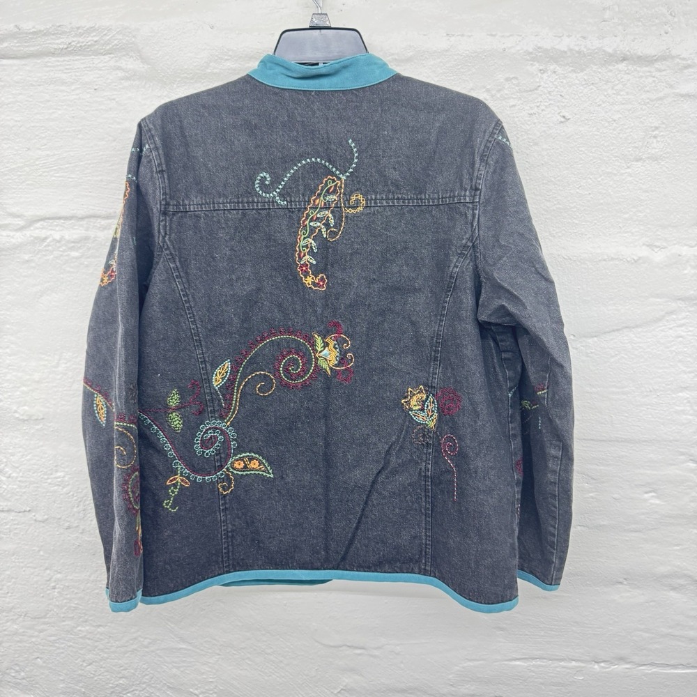 VTG Denim &‎ Co Black Denim Jacket Multicolor Embroidery Floral Women's Lg Y2K - Picture 8 of 8